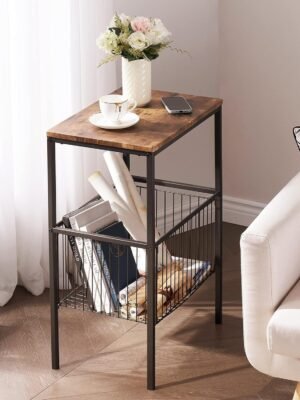 Tall Side End Table,Nightstands Shelf Storage Organizer with Versatile Metal Basket for Telephone Entryway/Living Room/Bedroom/Kitchen,31" H, 1 Set, Rustic Brown