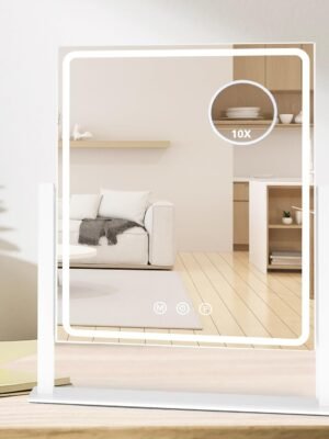 Hollywood Vanity Mirror with Lights, Lighted Vanity Mirror with Detachable 10X Magnification Mirror, 3 Colors, 1200mAh Rechargeable Standing Makeup Mirror with Lights White