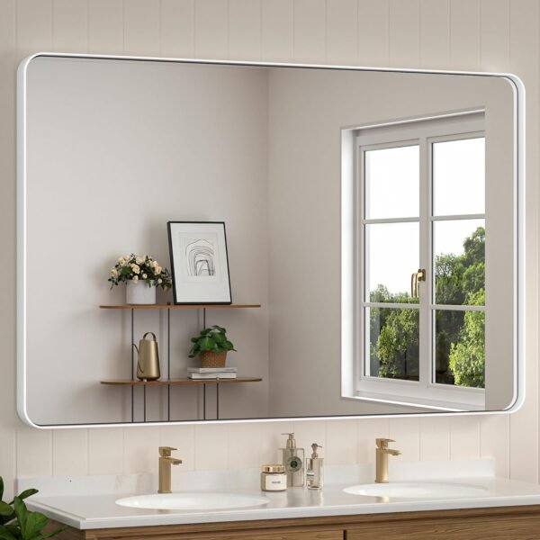 7135ef9hcwL._AC_SL1500.jpg Black Metal Framed Bathroom Mirrors for Wall, 20 x 30 Inch Rounded Rectangle Bathroom Vanity Mirror, Matte Black Farmhouse Mirror with Seamless Frame, HD Tempered Glass(Horizontal/Vertical)