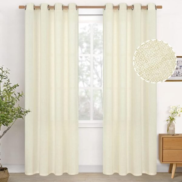Natural Linen Curtains 63 Inch Length 2 Panels Bronze Grommet Linen Textured Short Window Drapes Light Filtering for Living Room Bedroom, 52 X 63 Inch