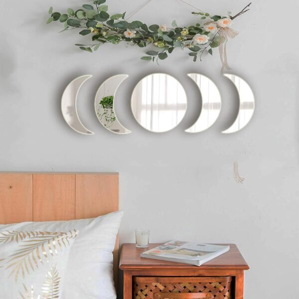 5 Pieces Acrylic Mirror Wall Stickers Natural Wall Decor Self Adhesive Mirrors Stickers Moon Phase Mirror Bohemian Wall Decoration for Home Living Room Bathroom Bedroom Decor (20cm)