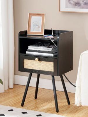 Nightstand with Charging Station, Side Table with Rattan-Like Decor Drawer, Rattan End Table with Open Storage, Bedside Table for Bedroom, Study Room, Black BB92UBZ01