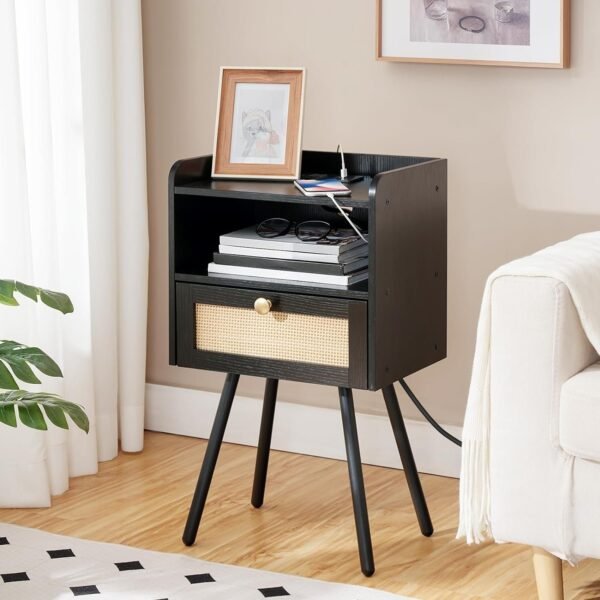 Nightstand with Charging Station, Side Table with Rattan-Like Decor Drawer, Rattan End Table with Open Storage, Bedside Table for Bedroom, Study Room, Black BB92UBZ01