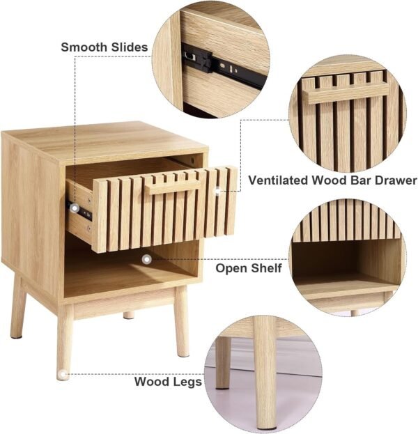 Boho Nightstand, Small Side Table Night Stand with Drawer Open Shelf, Bedside End Table with Wood Strip Decorated Drawer for Bedroom, Living Room, Dorm and Small Spaces (Natural)