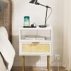 Rattan Nightstand, Drawer Dresser for Bedroom, Small Side Table with Drawer, Bedside Furniture, Night Stand, End Table with Gold Frame for Bedroom, Living Room, White