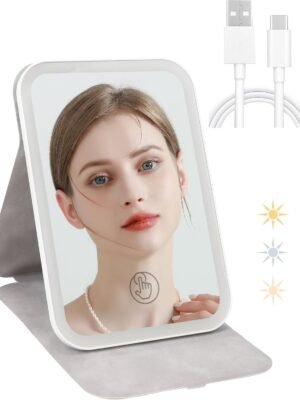 Rechargeable Travel Makeup Mirror with 80 LED Lights, Portable Lighted Makeup Mirror, 3 Color Dimmable Lighting Vanity Mirror, 360° Rotation Touch Screen Compact Tabletop Folding Cosmetic Mirror Mini