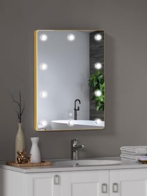Hollywood Bathroom Mirror 12"*16", Framed Lighted Bathroom Vanity Mirror, Wall Mounted, Dimmable LED Mirror for Bathroom,Gold