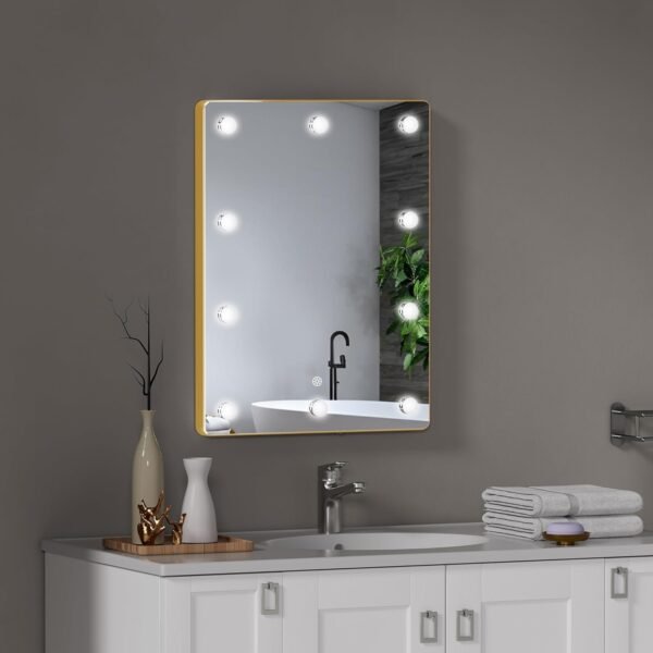 Hollywood Bathroom Mirror 12"*16", Framed Lighted Bathroom Vanity Mirror, Wall Mounted, Dimmable LED Mirror for Bathroom,Gold