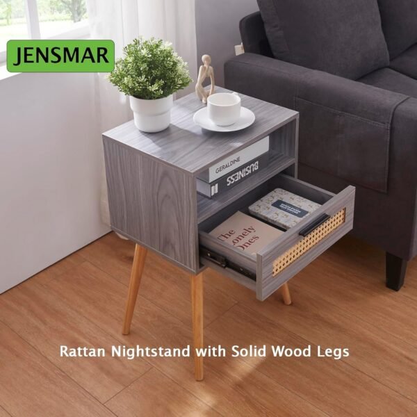 Bedside Table with LED Light, Nightstand with Drawer 24" Tall Night Stand with Storage Wicker Boho End Table Night Stand with Rattan Drawer Sofa Table with Open Wide and Deep Shelf Solid Wood Feet