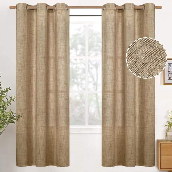 Natural Linen Curtains 63 Inch Length 2 Panels Bronze Grommet Linen Textured Short Window Drapes Light Filtering for Living Room Bedroom, 52 X 63 Inch