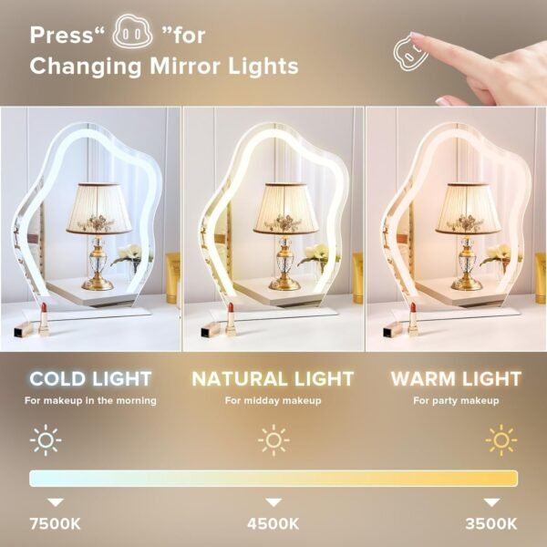 Vanity Mirror with Lights 17.7" X 21.6" Irregular Cute Cloud Lighted Makeup Mirror with Dimmable 3 Light Modes Esthetics Hollywood Mirror for Tabletop Wall-Mounted Bedroom Beauty Salon