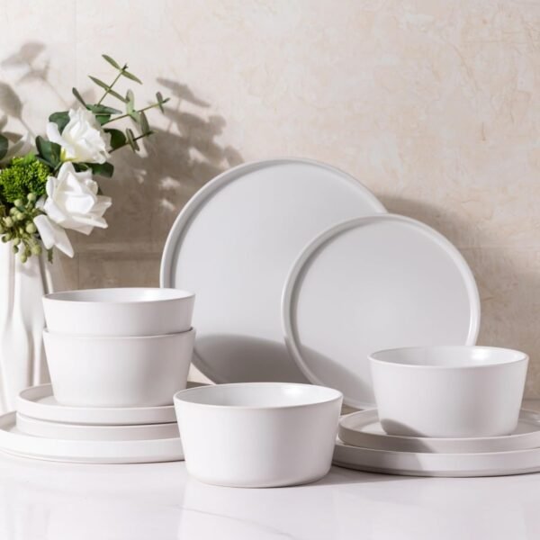 Ceramic Dinnerware Sets of 4, Modern Flat Stoneware Plates and Bowls Sets,Chip and Crack Resistant | Dishwasher & Microwave Safe Dishes Set,Scratch Resistant- Service for 4 (12pc)-Matte White