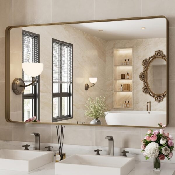 22x30 Inch Bronze Bathroom Mirror for Vanity, Brushed Bronze Metal Frame Mirror for Wall, Rounded Rectangle Bronze Frame Mirror with Tempered Glass, Anti-Rust (Horizontal/Vertical)