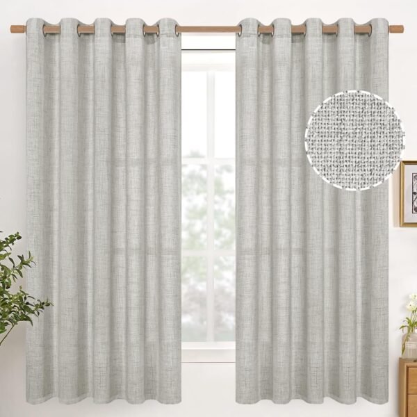 Natural Linen Curtains 63 Inch Length 2 Panels Bronze Grommet Linen Textured Short Window Drapes Light Filtering for Living Room Bedroom, 52 X 63 Inch