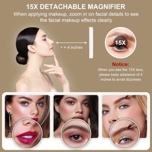 Vanity Mirror with Lights, 15X Magnification 360 Rotation Makeup Mirror with Lights, Hollywood Mirror with Detachable 3 Color Modes, Smart Touch Control and Phone Holder,Pink