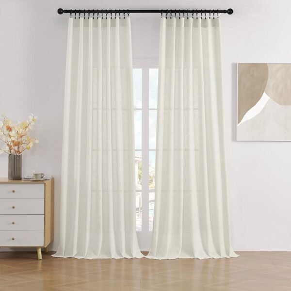 Linen Curtains 2 Panel Set,Light Filtering, Ivory on Linen Curtains 96 Inch Curtains for Living Room, Cream Drapes 96 Inches Long Rod Pocket Back Tab Curtains (96" L x 52" W)