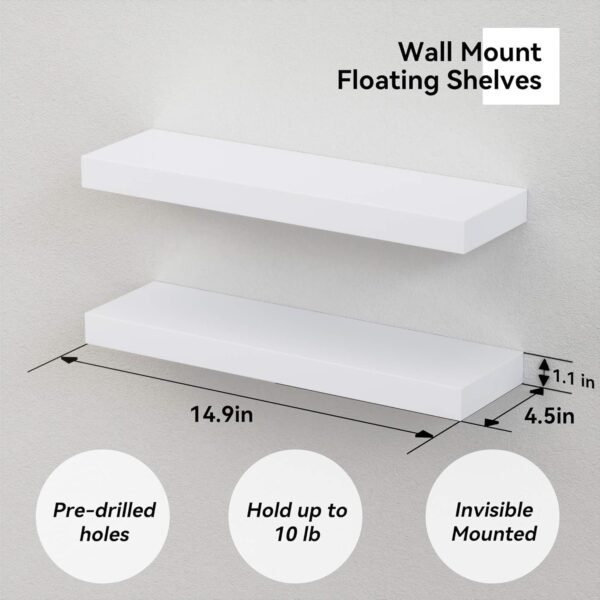 14.9 in White Floating Shelves Set of 2, Wall Mounted Small Shelves, Modern Hanging Shelf for Wall Decor, Display Wall Storage Shelves for Living Room, Bedroom, Bathroom, Kitchen - White
