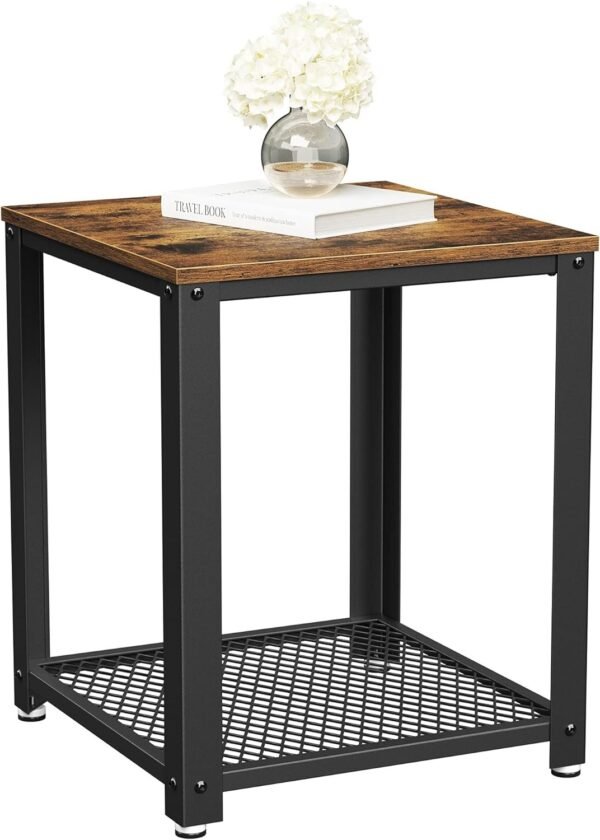Three-Tier Nightstand with Storage, S-Shaped Steel Frame Coffee Table, Suitable for Living Room and Bedroom, 15.7 x 15.7 x 23.6 inches, Farmhouse Style, Rustic Brown and Black