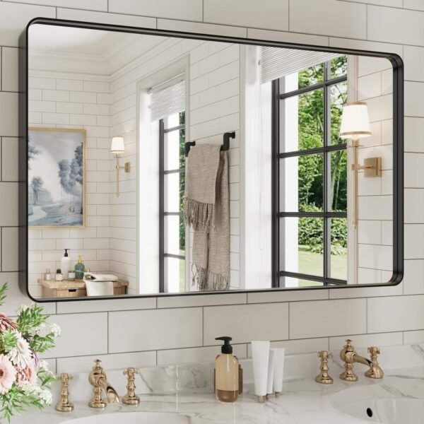 22x30 Inch Bronze Bathroom Mirror for Vanity, Brushed Bronze Metal Frame Mirror for Wall, Rounded Rectangle Bronze Frame Mirror with Tempered Glass, Anti-Rust (Horizontal/Vertical)