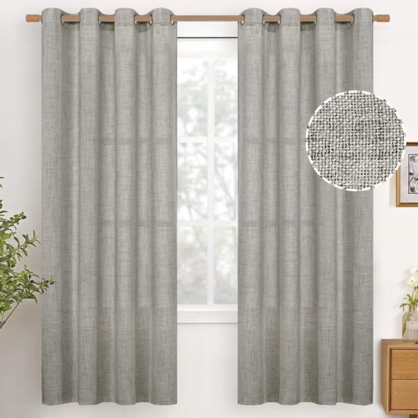 Natural Linen Curtains 63 Inch Length 2 Panels Bronze Grommet Linen Textured Short Window Drapes Light Filtering for Living Room Bedroom, 52 X 63 Inch