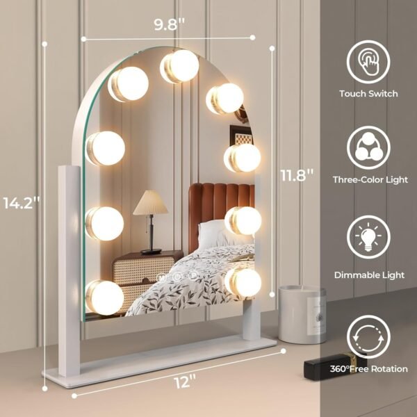 Makeup Mirror with Lights, Vanity Mirror with Lights, Lighted Makeup Mirror, 3 Color Modes, Dimmable Light,360° Rotation