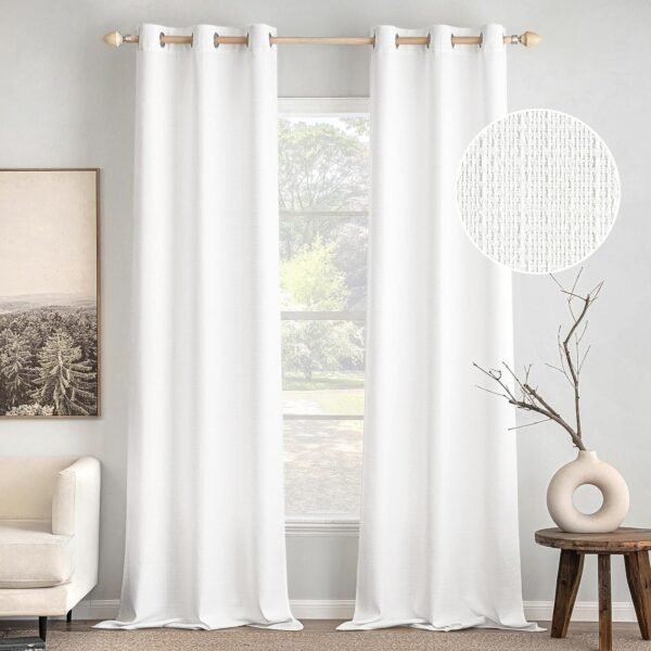 White Faux Linen Textured Curtains 72 Inch Length 2 Panels Set for Living Room Bedroom Privacy Casual Weave Farmhouse Burlap Semi Sheer Grommet Top Light Filtering Window Drapes, W37 x L72