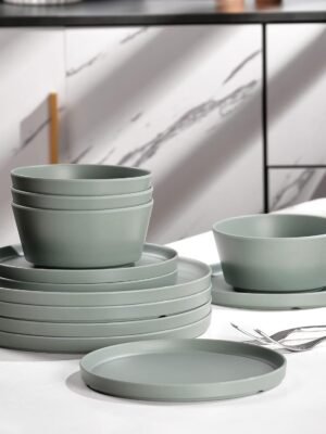 Melamine Dinnerware Sets, Dinnerware Sets For 4, 12pcs Plates And Bowls Sets Unbreakable Dishwasher Safe BPA Free (Sage Green)