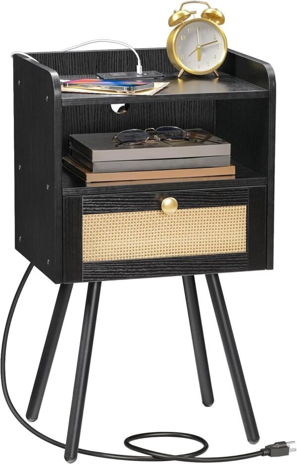 Nightstand with Charging Station, Side Table with Rattan-Like Decor Drawer, Rattan End Table with Open Storage, Bedside Table for Bedroom, Study Room, Black BB92UBZ01