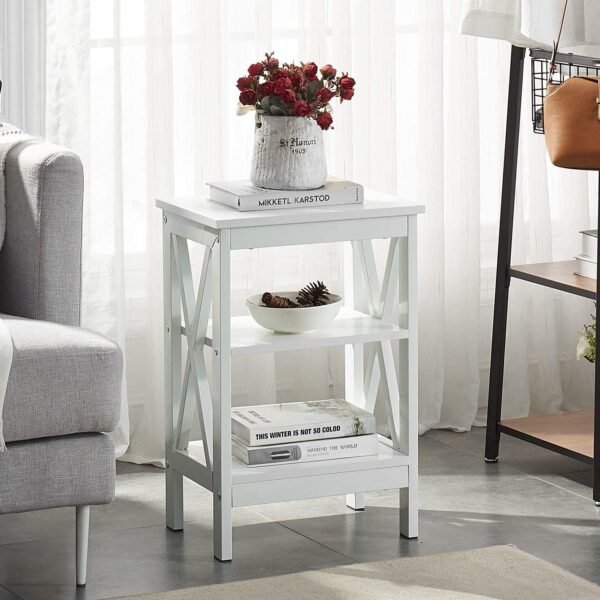 Nightstand Sofa Side Table with 3-Tier Storage Shelf for Living Room, Bedroom, Stable Steel Frame, Easy Assembly, End, White