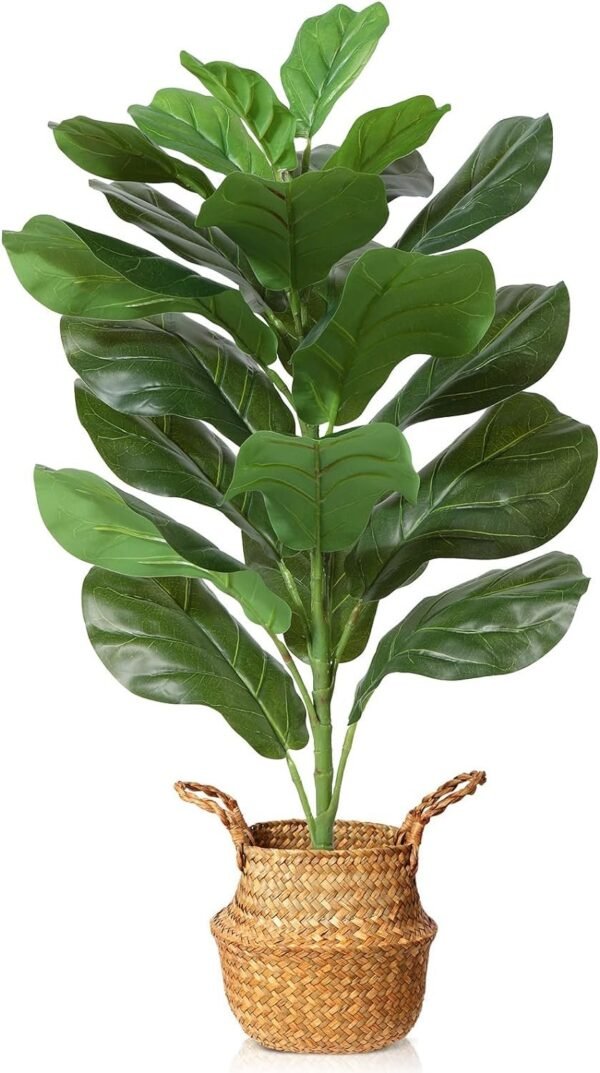Artificial Fiddle Leaf Fig Tree 37" Fake Potted Ficus Lyrata Plant with Handmade Seagrass Basket, Perfect Faux Plants Home Décor for Indoor Outdoor Office Porch Balcony Bedroom Bathroom Gift