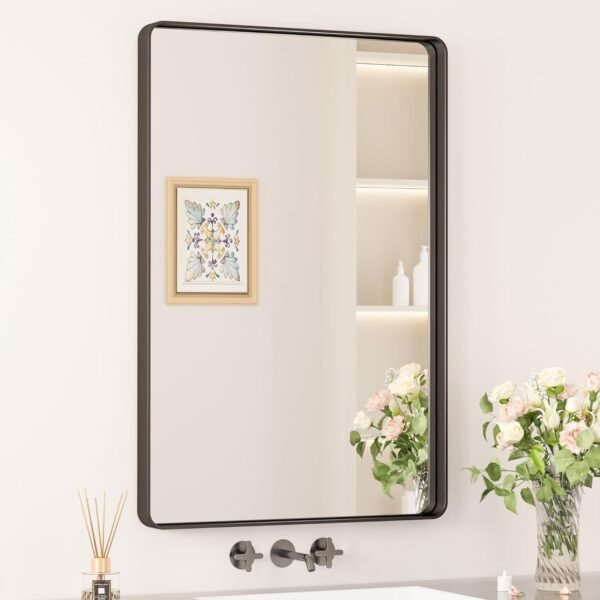 71KRXGG2JML._AC_SL1500.jpg Black Metal Framed Bathroom Mirrors for Wall, 20 x 30 Inch Rounded Rectangle Bathroom Vanity Mirror, Matte Black Farmhouse Mirror with Seamless Frame, HD Tempered Glass(Horizontal/Vertical)