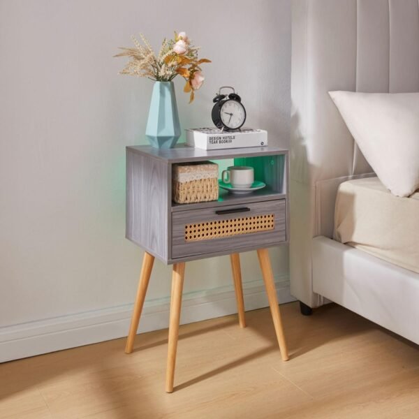 Bedside Table with LED Light, Nightstand with Drawer 24" Tall Night Stand with Storage Wicker Boho End Table Night Stand with Rattan Drawer Sofa Table with Open Wide and Deep Shelf Solid Wood Feet