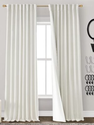 108 Inch Long Blackout Curtains & Drapes for Track System Pleated with Hooks Rings 2 Panels Set,Linen Black Out Back Tab 9FT Ceiling to Floor Length Curtains for Living Room,Cream Ivory