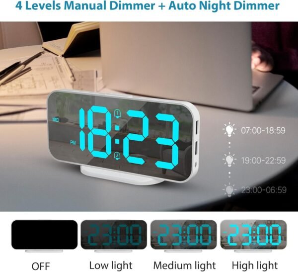 ALANAS Digital Alarm Clock with Dual Alarms, Mirror LED Bedroom Alarm Clocks for Kids, Adjustable Brightness, Snooze, 2 USB Ports for Cellphone Charging, 12/24 Hour Display.