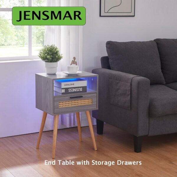 Bedside Table with LED Light, Nightstand with Drawer 24" Tall Night Stand with Storage Wicker Boho End Table Night Stand with Rattan Drawer Sofa Table with Open Wide and Deep Shelf Solid Wood Feet