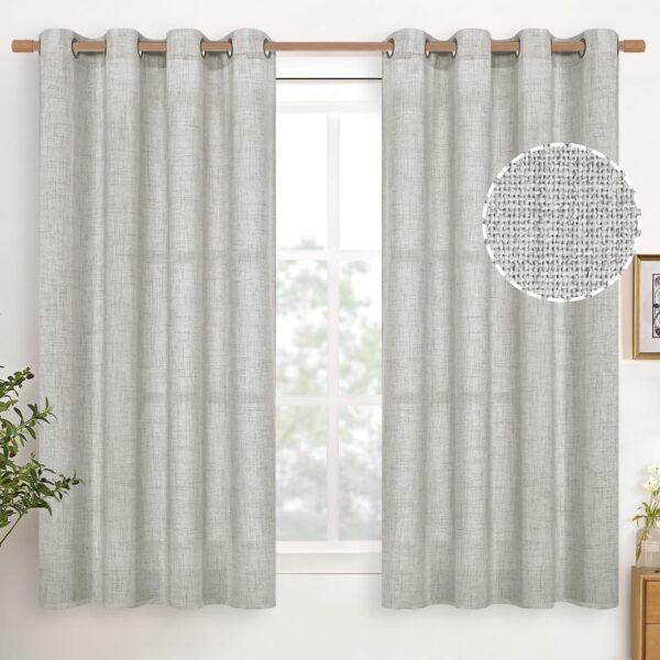 Natural Linen Curtains 63 Inch Length 2 Panels Bronze Grommet Linen Textured Short Window Drapes Light Filtering for Living Room Bedroom, 52 X 63 Inch