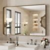 22x30 Inch Bronze Bathroom Mirror for Vanity, Brushed Bronze Metal Frame Mirror for Wall, Rounded Rectangle Bronze Frame Mirror with Tempered Glass, Anti-Rust (Horizontal/Vertical)
