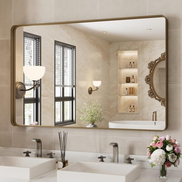 22x30 Inch Bronze Bathroom Mirror for Vanity, Brushed Bronze Metal Frame Mirror for Wall, Rounded Rectangle Bronze Frame Mirror with Tempered Glass, Anti-Rust (Horizontal/Vertical)