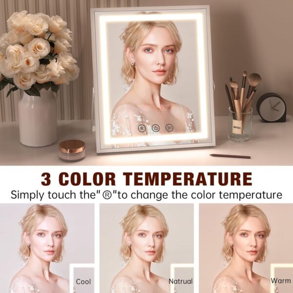 Hollywood Vanity Mirror with Lights, 10''x12'' Memory Makeup Mirror with 3 Color Modes Tabletop Vanity Lighted Mirror with Smart Touch Control, Gifts for Christmas Housewarming Gifts