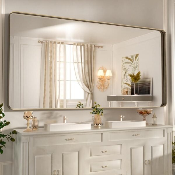 22x30 Inch Bronze Bathroom Mirror for Vanity, Brushed Bronze Metal Frame Mirror for Wall, Rounded Rectangle Bronze Frame Mirror with Tempered Glass, Anti-Rust (Horizontal/Vertical)