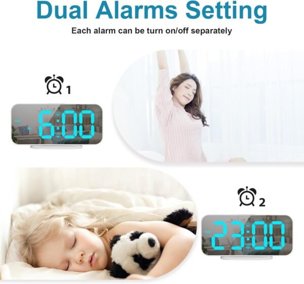 ALANAS Digital Alarm Clock with Dual Alarms, Mirror LED Bedroom Alarm Clocks for Kids, Adjustable Brightness, Snooze, 2 USB Ports for Cellphone Charging, 12/24 Hour Display.