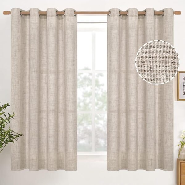Natural Linen Curtains 63 Inch Length 2 Panels Bronze Grommet Linen Textured Short Window Drapes Light Filtering for Living Room Bedroom, 52 X 63 Inch