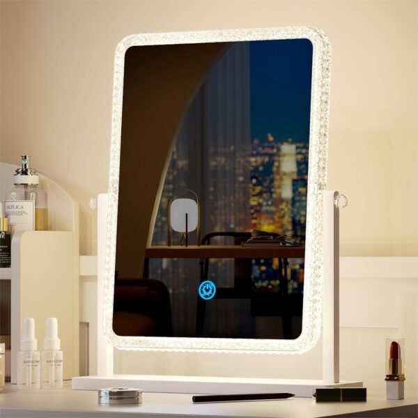 Vanity Makeup Mirror with Lights, Lighted Make Up Mirror for Desk/Table, Rectangle Light Up Mirror with 3 Color Lighting Modes & Adjustable Brightness 13.6" x 16" (White)