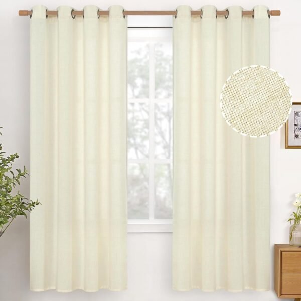 Natural Linen Curtains 63 Inch Length 2 Panels Bronze Grommet Linen Textured Short Window Drapes Light Filtering for Living Room Bedroom, 52 X 63 Inch