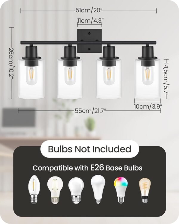 4-Light Black Bathroom Light Fixture, Vanity Light Over Mirror with Clear Glass Shade, Modern Sconce Wall Lighting with Metal Base, for Mirror Bedroom Powder Room Hallway, Black B04BD05