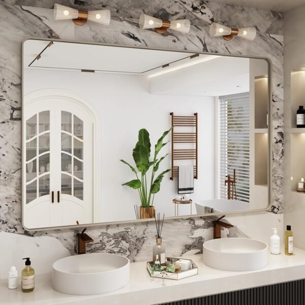20x30 Silver Bathroom Mirror, Silver Wall Mirror for Vanity, Brushed Metal Framed Rectangle Mirror, Anti-Rust, Brushed Nickel,Shatterproof, Round Corners(Horizontally/Vertically)