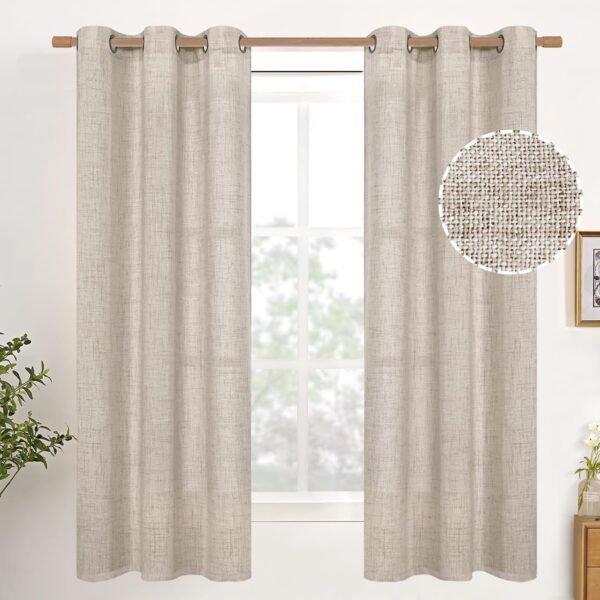 Natural Linen Curtains 63 Inch Length 2 Panels Bronze Grommet Linen Textured Short Window Drapes Light Filtering for Living Room Bedroom, 52 X 63 Inch