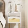 Rattan Nightstand, Drawer Dresser for Bedroom, Small Side Table with Drawer, Bedside Furniture, Night Stand, End Table with Gold Frame for Bedroom, Living Room, White