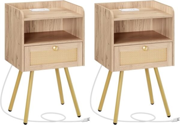 Nightstand with Charging Station, Side Table with Rattan-Like Decor Drawer, Rattan End Table with Open Storage, Bedside Table for Bedroom, Study Room, Black BB92UBZ01