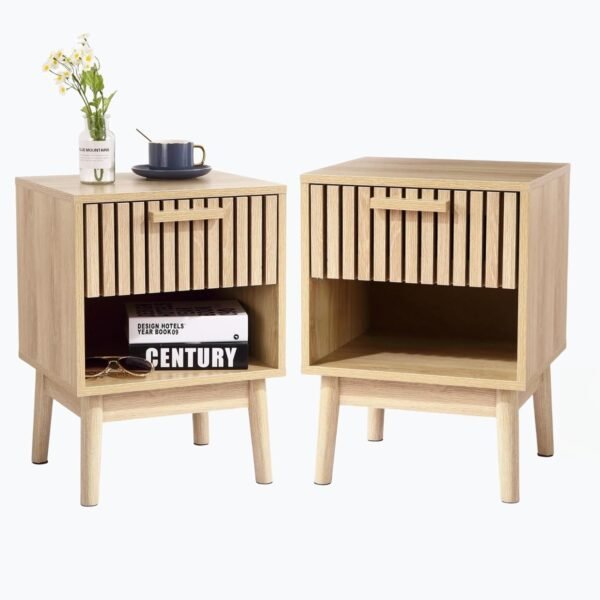 Boho Nightstand, Small Side Table Night Stand with Drawer Open Shelf, Bedside End Table with Wood Strip Decorated Drawer for Bedroom, Living Room, Dorm and Small Spaces (Natural)